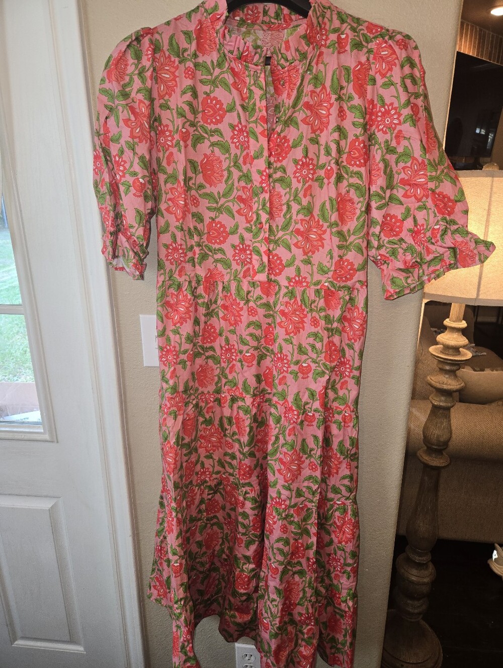 Floral Pink Midi Dress with Green Leaf Print
